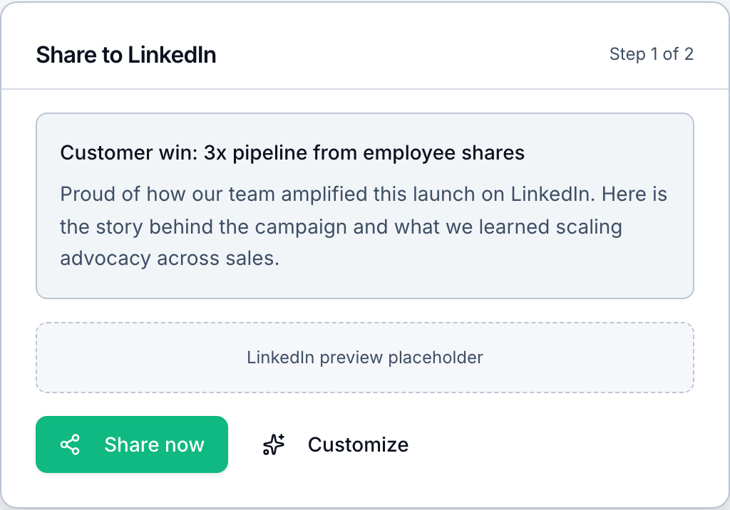 Ampli share to LinkedIn dialog with one-tap sharing